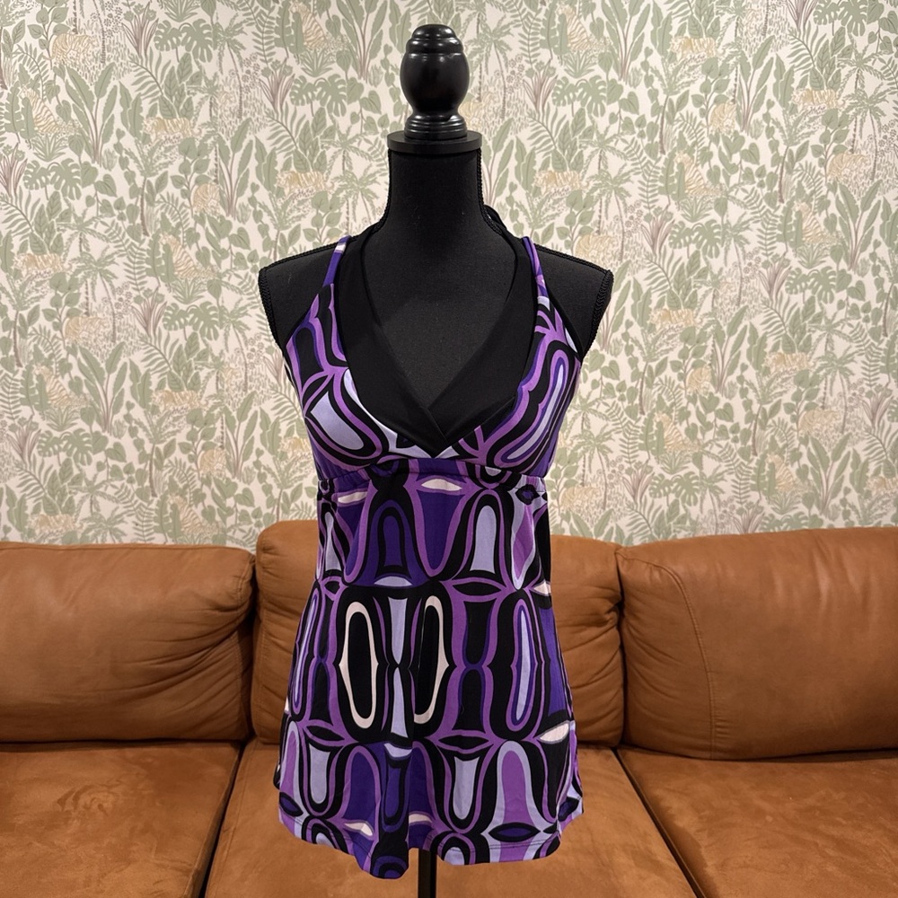 Vintage Y2K Purple Halter Neck Tank Top – Geometric Print, Size Medium